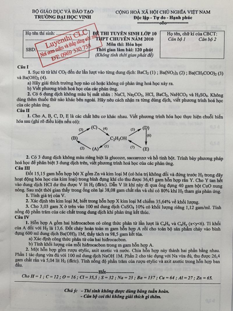 Đề thi tuyển sinh vào lớp 10 THPT CHUYÊN môn Hóa Học - đề 2 tại Vinh năm 2010