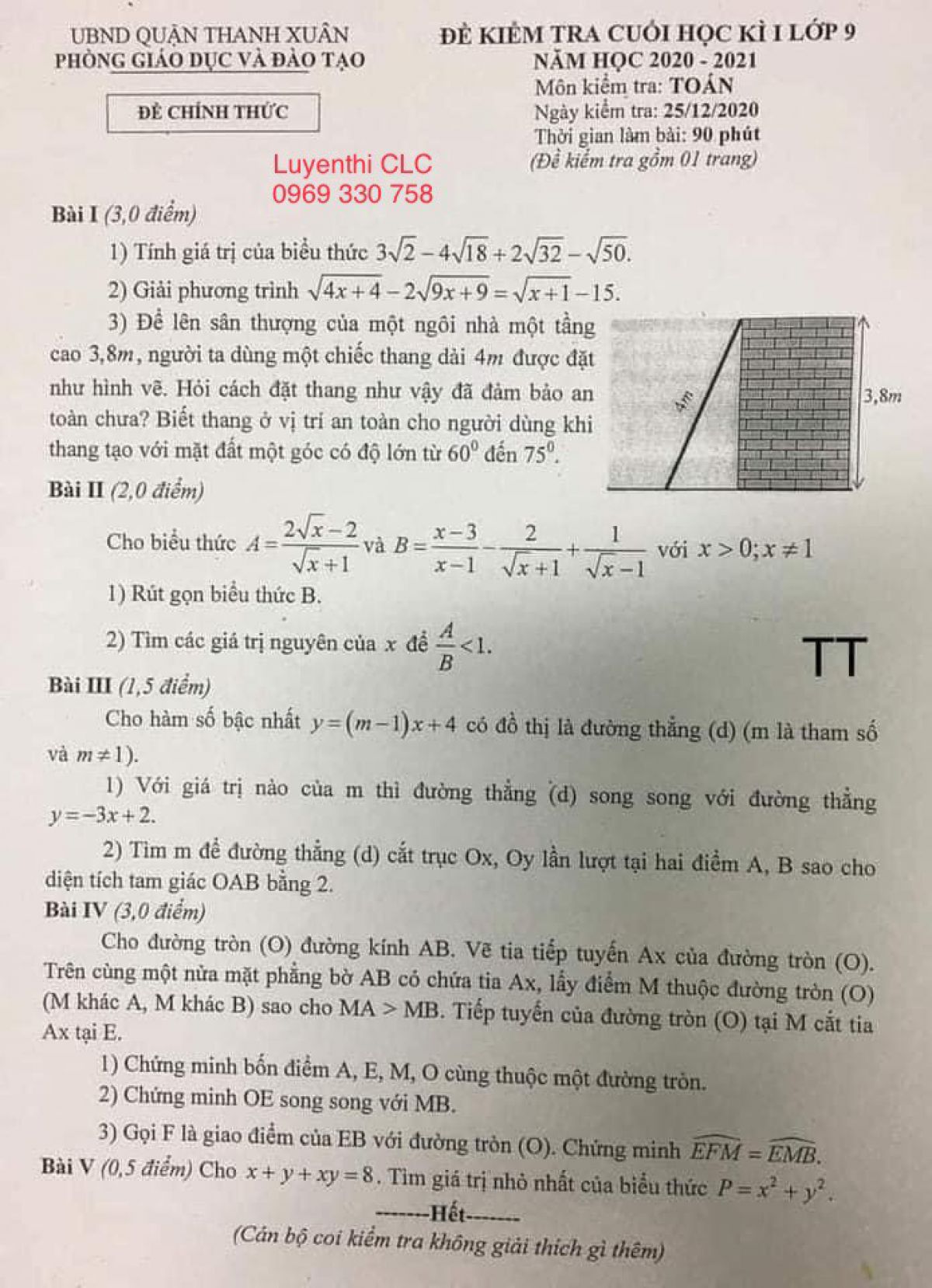 Đề kiểm tra cuối học k&igrave; I lớp 9 m&ocirc;n To&aacute;n quận Thanh Xu&acirc;n, H&agrave; Nội năm 2020