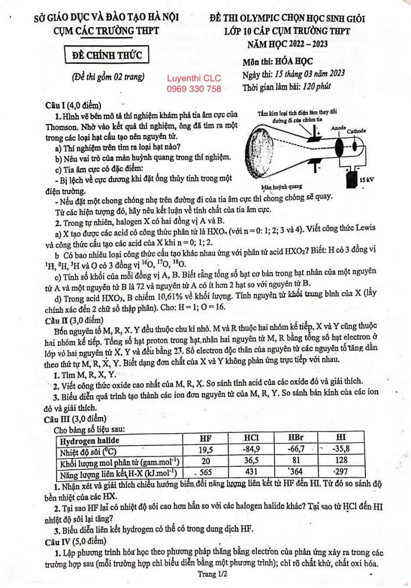 Đề thi Olympic chọn HSG lớp 10 môn Hóa Học tại Hà Nội năm 2023