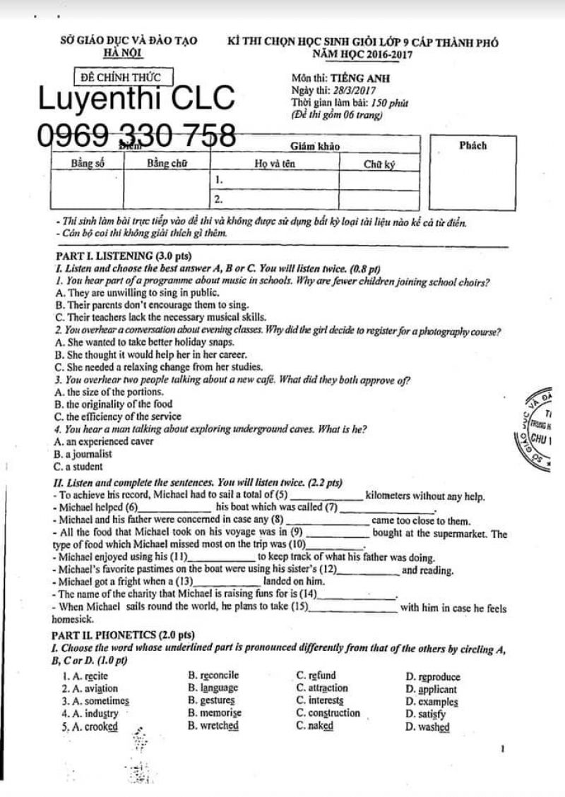 Đề thi HSG m&ocirc;n Tiếng Anh -  th&agrave;nh phố H&agrave; Nội năm 2017 (thi s&aacute;ng ng&agrave;y 28/2/2017)