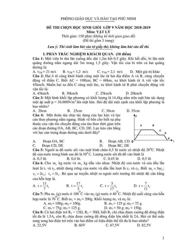 Đề thi chọn HSG lớp 9 v&agrave; đ&aacute;p &aacute;n m&ocirc;n Vật l&yacute; huyện Ph&ugrave; Ninh năm 2018