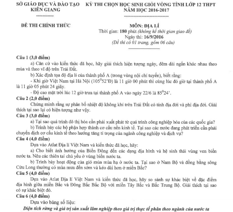Đề thi chọn HSG vòng tỉnh lớp 12 và đáp án môn Địa Lí THPT tỉnh Kiên Giang năm 2016