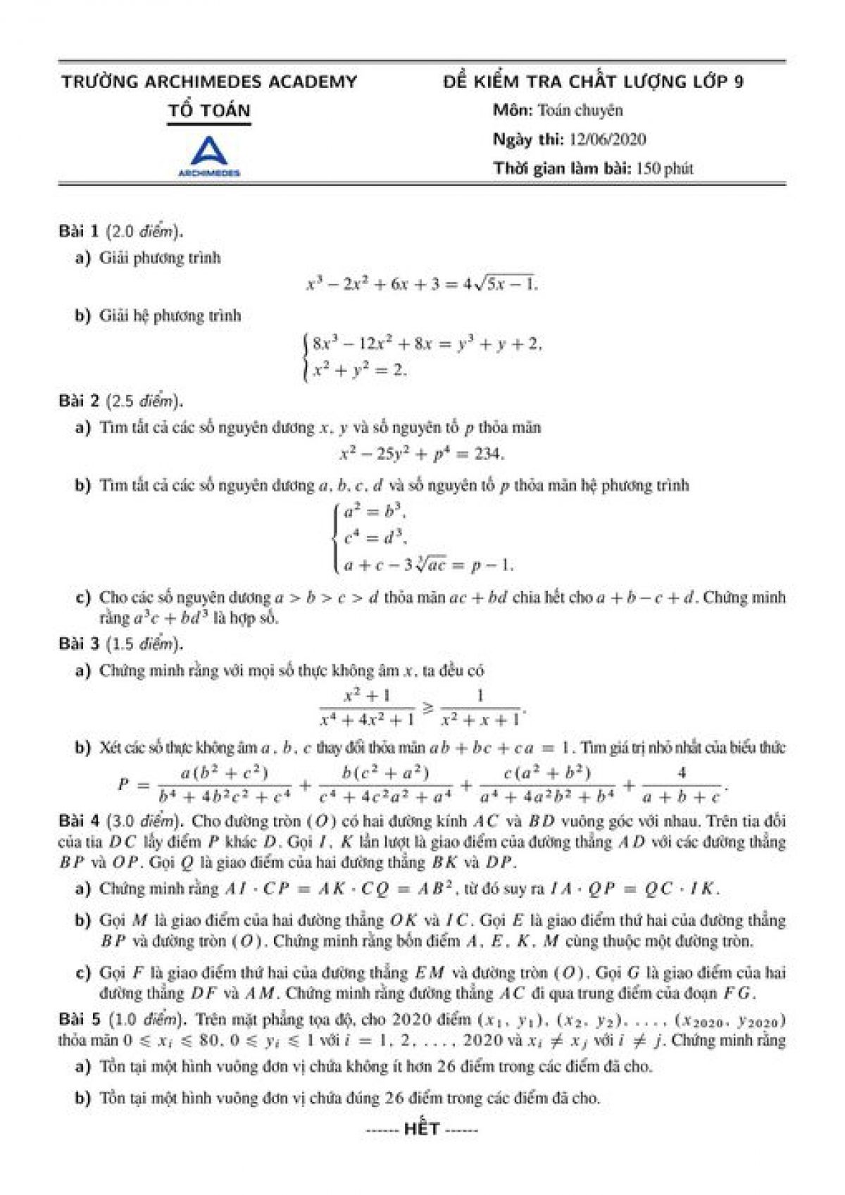 Đề kiểm tra chất lượng lớp 9 m&ocirc;n To&aacute;n chuy&ecirc;n Trường Archimedes Academy, ng&agrave;y 12/06/2020