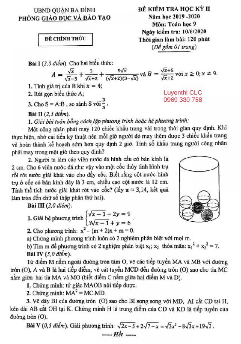 Đề kiểm tra học k&igrave; II m&ocirc;n To&aacute;n lớp 9 quận Ba Đ&igrave;nh, H&agrave; Nội năm 2020