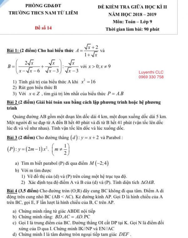 Đề kiểm tra giữa học k&igrave; II m&ocirc;n To&aacute;n lớp 9 Trường THCS Nam Từ Li&ecirc;m năm 2018