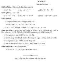 Đề kiểm tra học k&igrave; I m&ocirc;n To&aacute;n lớp 8