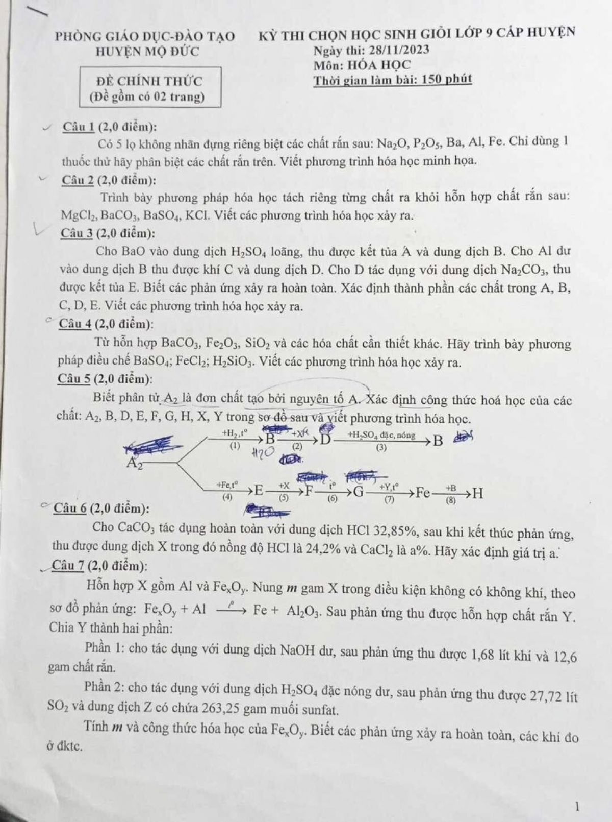 Đề thi chọn HSG môn Hóa Học lớp 9 huyện Mộ Đức tỉnh Quảng Ngãi năm 2023