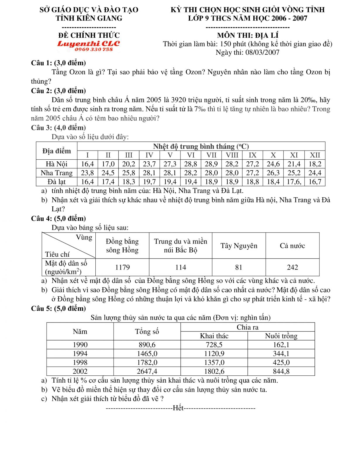 Đề thi chọn HSG m&ocirc;n Địa L&iacute; lớp 9 tỉnh Ki&ecirc;n Giang năm 2007