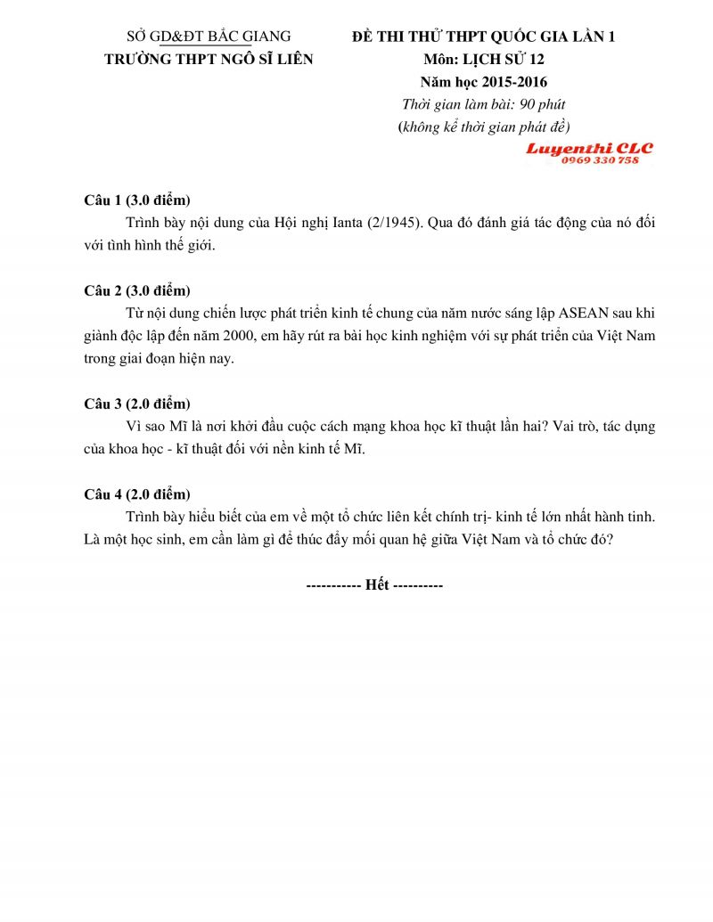Đề thi thử THPT Quốc Gia m&ocirc;n Lịch Sử - lần 1 Trường THPT Ng&ocirc; Sĩ Li&ecirc;n, tỉnh Bắc Giang năm 2016