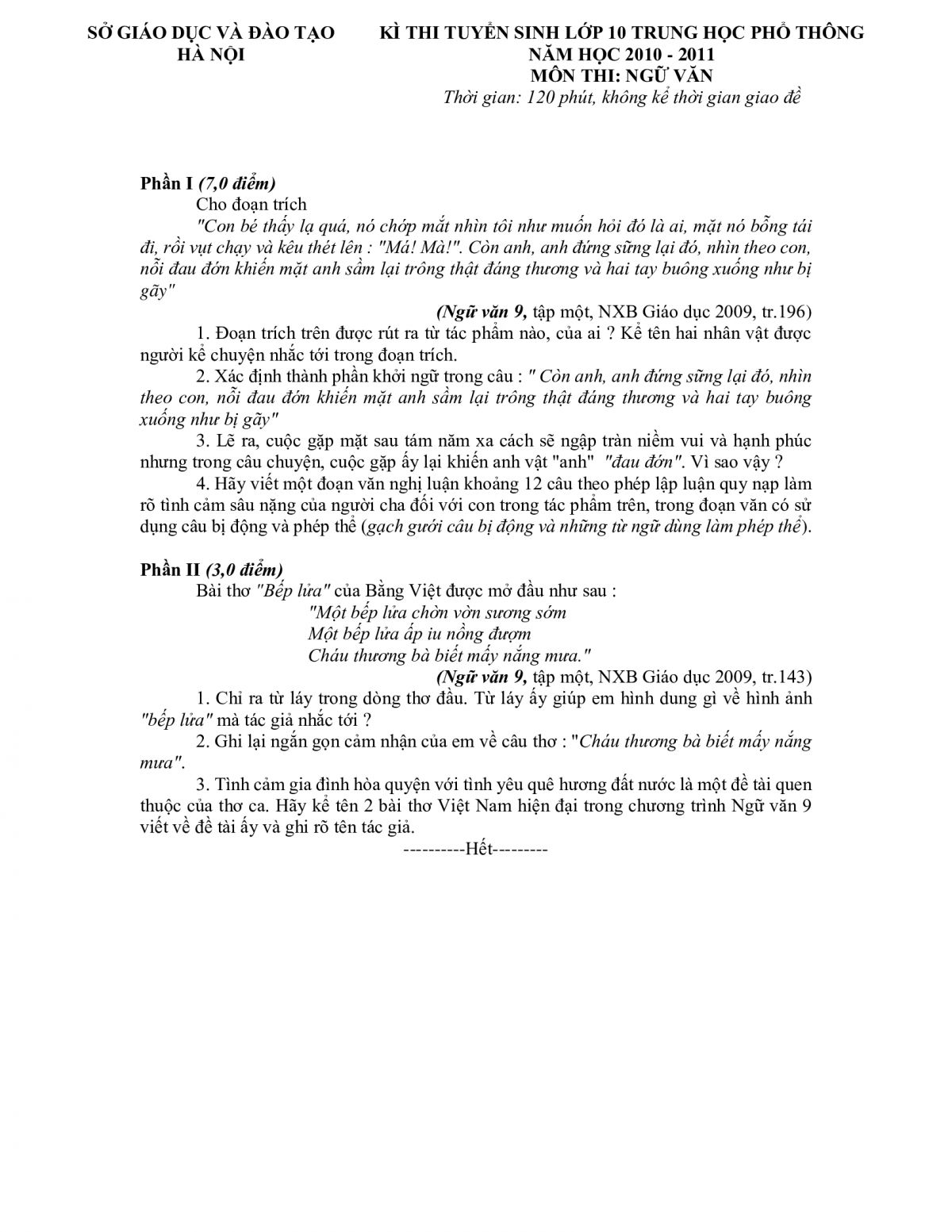 Đề thi tuyển sinh v&agrave;o lớp 10 THPT m&ocirc;n Ngữ văn tại H&agrave; Nội năm 2010