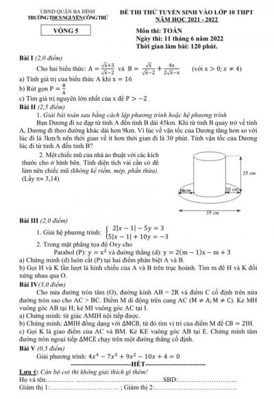 Đề thi tuyển sinh vào lớp 10 THPT môn Toán Trường THCS Nguyễn Công Trứ, quận Ba Đình, Hà Nội năm 2022