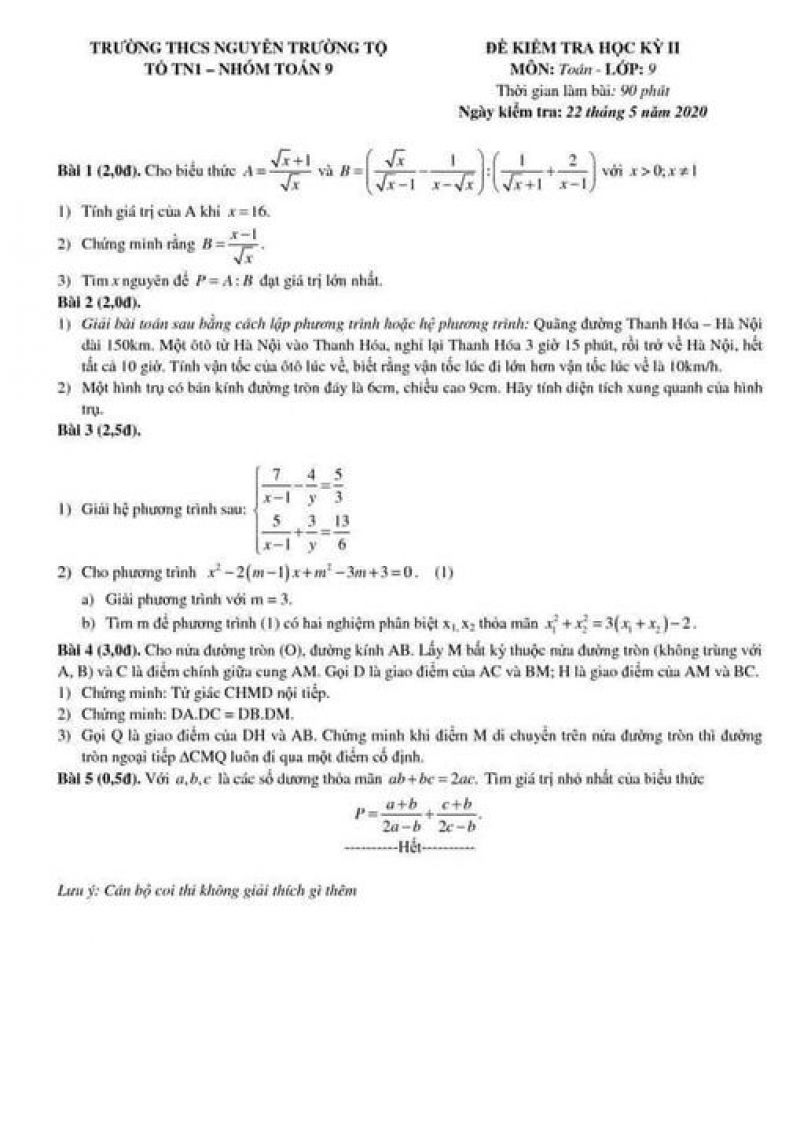 Đề kiểm tra học k&igrave; II m&ocirc;n To&aacute;n lớp 9 Trường THCS Nguyễn Trường Tộ năm 2020