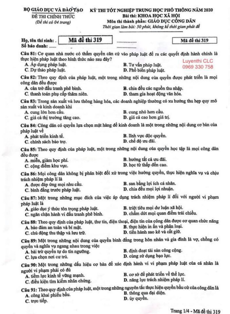 Đề thi tốt nghiệp THPT m&ocirc;n Gi&aacute;o dục c&ocirc;ng d&acirc;n năm 2020