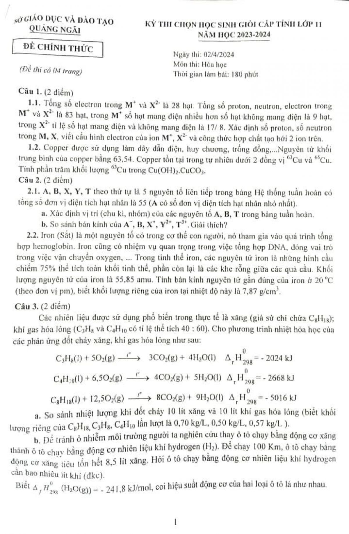 Đề HSG m&ocirc;n H&oacute;a 11 Quảng Ng&atilde;i năm 2023-2024