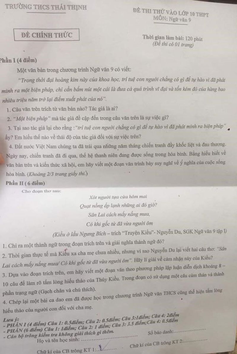Đề thi thử v&agrave;o lớp 10 THPT m&ocirc;n Ngữ Văn Trường THCS Th&aacute;i Thịnh