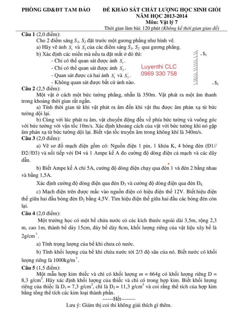 Đề khảo s&aacute;t chất lượng HSG v&agrave; đ&aacute;p &aacute;n m&ocirc;n Vật L&yacute; 7 Tam Đảo năm 2013