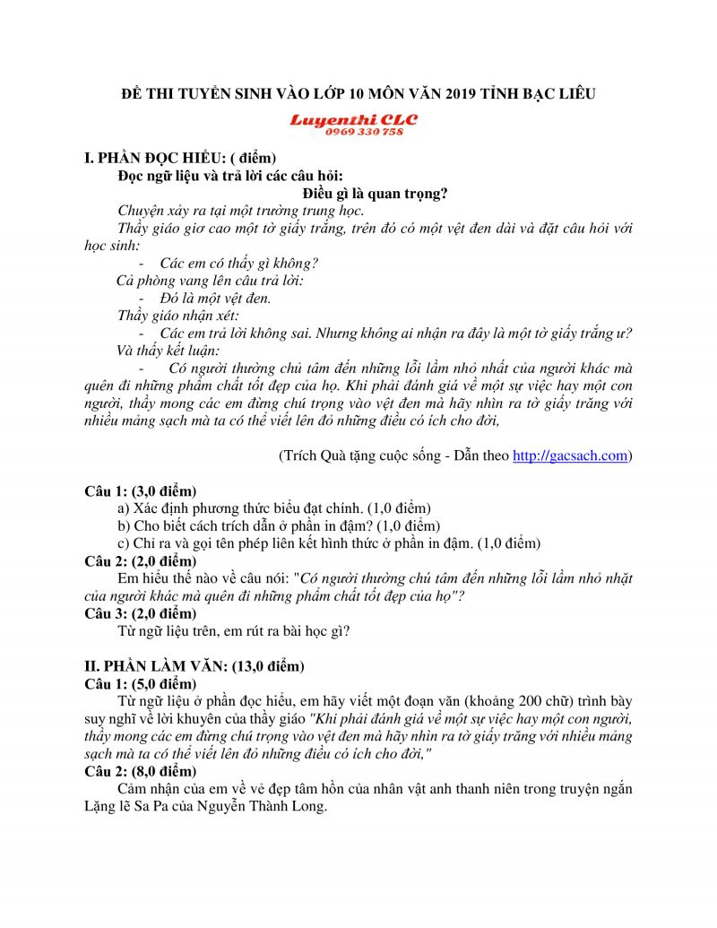 Đề thi tuyển sinh v&agrave;o lớp 10 THPT m&ocirc;n Ngữ Văn tỉnh Bạc Li&ecirc;u năm 2019