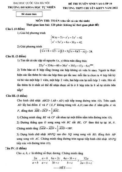 Đề thi tuyển sinh vào lớp 10 môn Toán Trường THPT CHUYÊN Đại học KHTN Hà Nội năm 2022