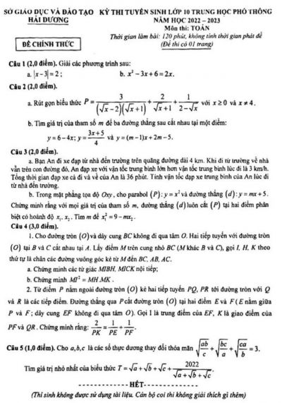 Đề thi tuyển sinh vào lớp 10 THPT môn Toán tỉnh Hải Dương năm 2022