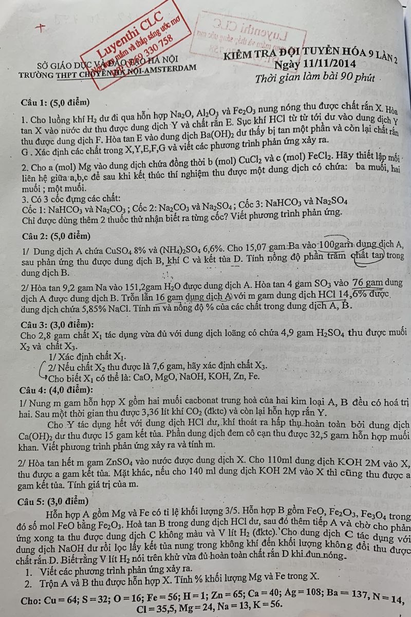 Đề thi HSG môn Hoá- trường THCS Amterdam, năm 2014