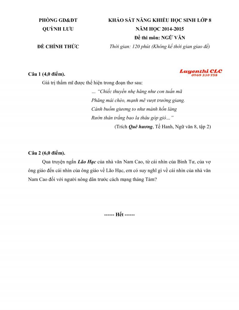 Đề khảo s&aacute;t năng khiếu HSG m&ocirc;n Ngữ Văn lớp 8 huyện Quỳnh Lưu tỉnh Nghệ An năm 2014