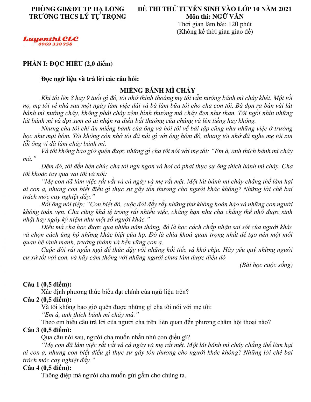 Đề thi thử tuyển sinh v&agrave;o lớp 10 m&ocirc;n Ngữ Văn Trường THCS L&yacute; Tự Trọng tỉnh Quảng Ninh năm 2021