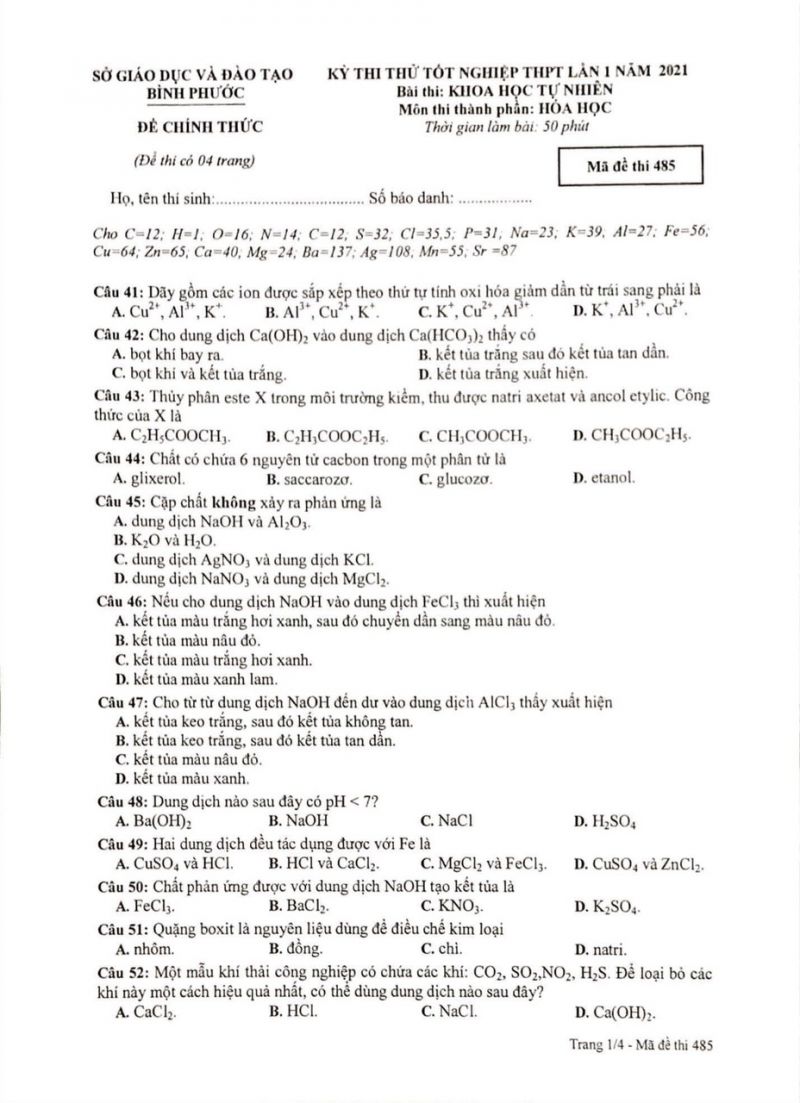 Đề thi thử tốt nghiệp THPT lần 1 môn Hóa Học tỉnh Bình Phước năm 2021