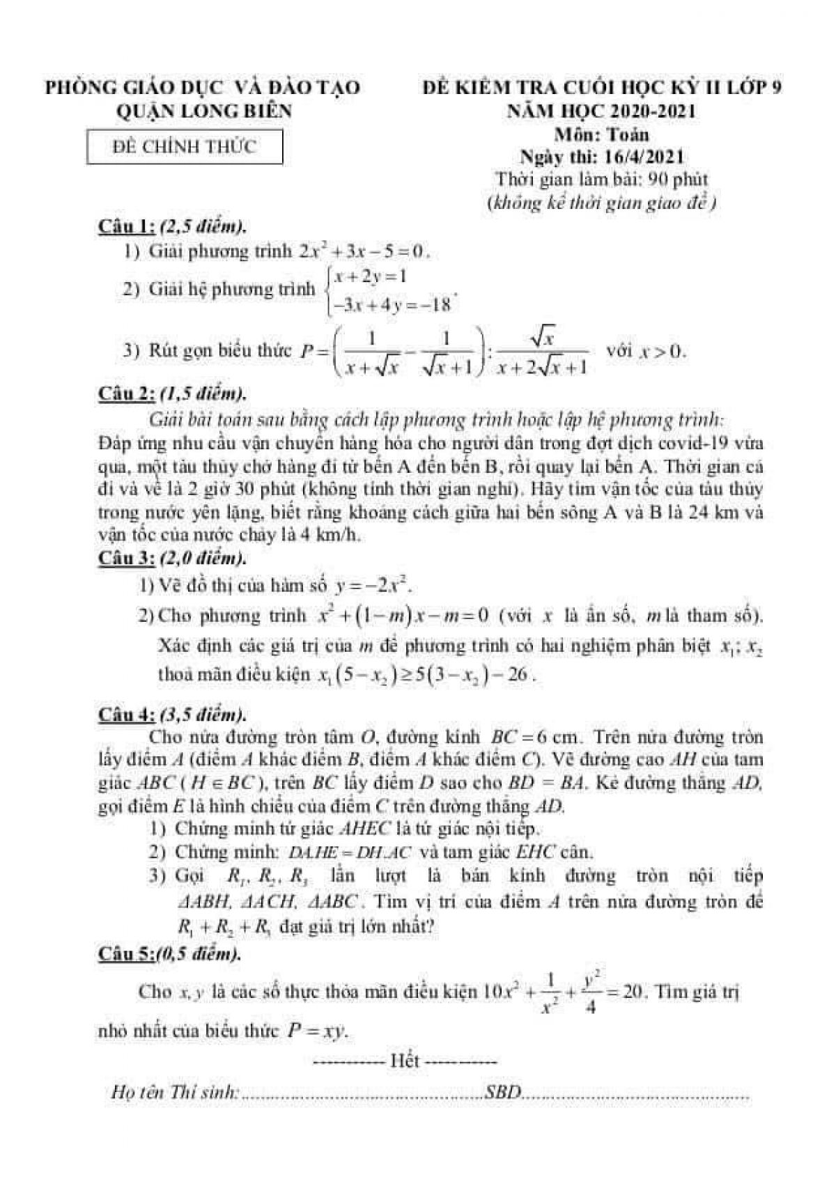 Đề kiểm tra cuối kỳ II môn Toán lớp 9 quận Long Biên, Hà Nội năm 2021