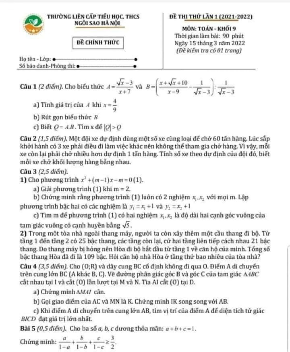 Đề thi thử môn Toán khối 9 Trường Liên cấp Tiểu học, THCS Ngôi Sao Hà Nội năm 2022