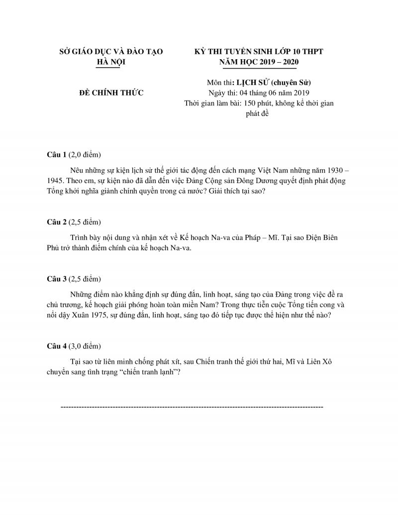 Đề thi tuyển sinh lớp 10 THPT CHUY&Ecirc;N m&ocirc;n Lịch Sử tại H&agrave; Nội năm 2019