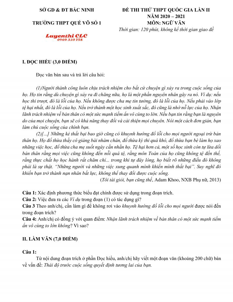 Đề thi thử THPT Quốc Gia lần II môn Ngữ Văn Trường THPT Quế Võ số 1 tỉnh Bắc Ninh năm 2021