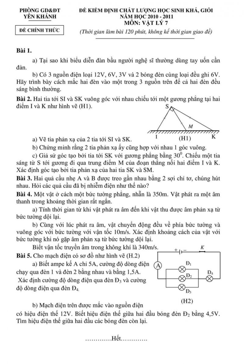 Đề kiểm định chất lượng học sinh khá, giỏi và đáp án môn Vật Lý huyện Yên Khánh, Ninh Bình năm 2010