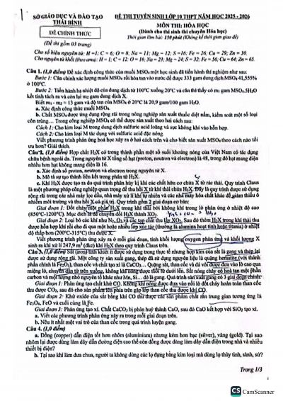 Đề thi THPT chuyên môn Hóa (chuyên) tỉnh Thái Bình năm 2025-2026