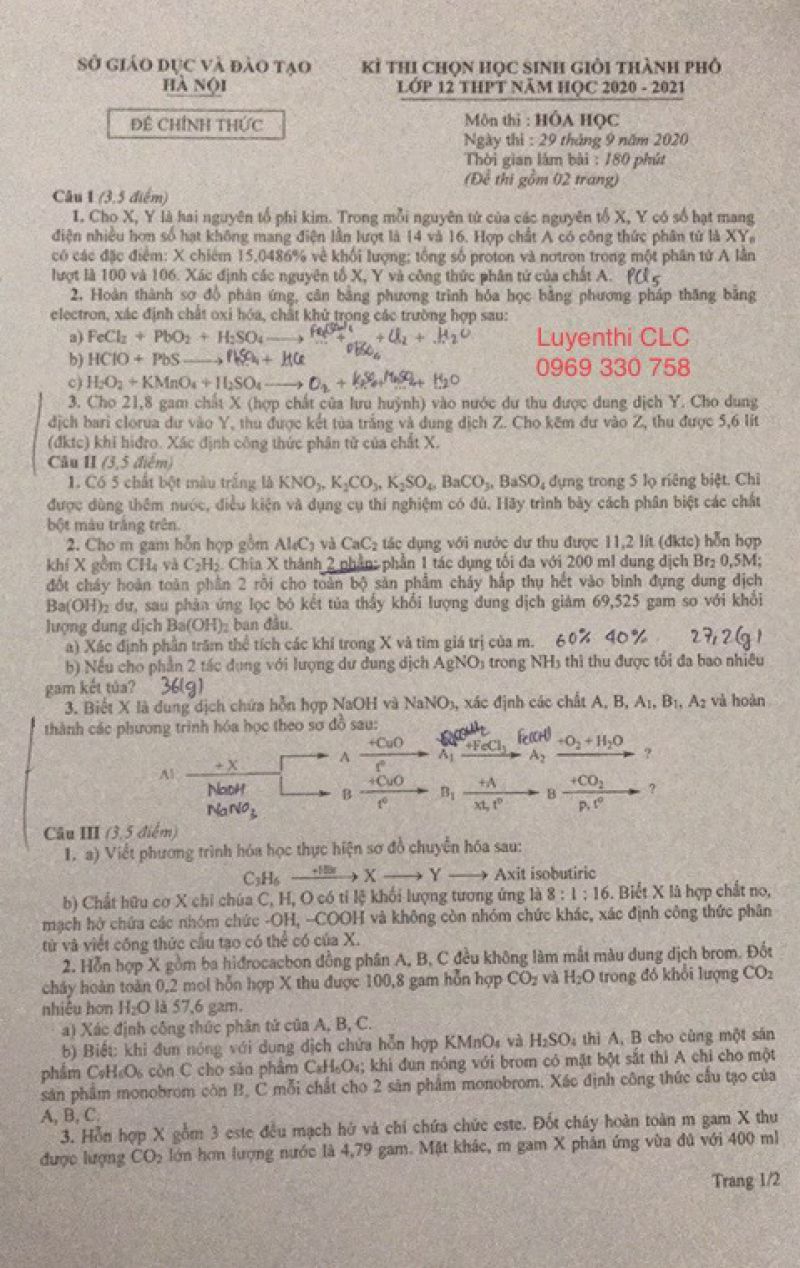 Đề thi HSG thành phố lớp 12 THPT môn Hóa Học tại Hà Nội ngày 29/09/2020