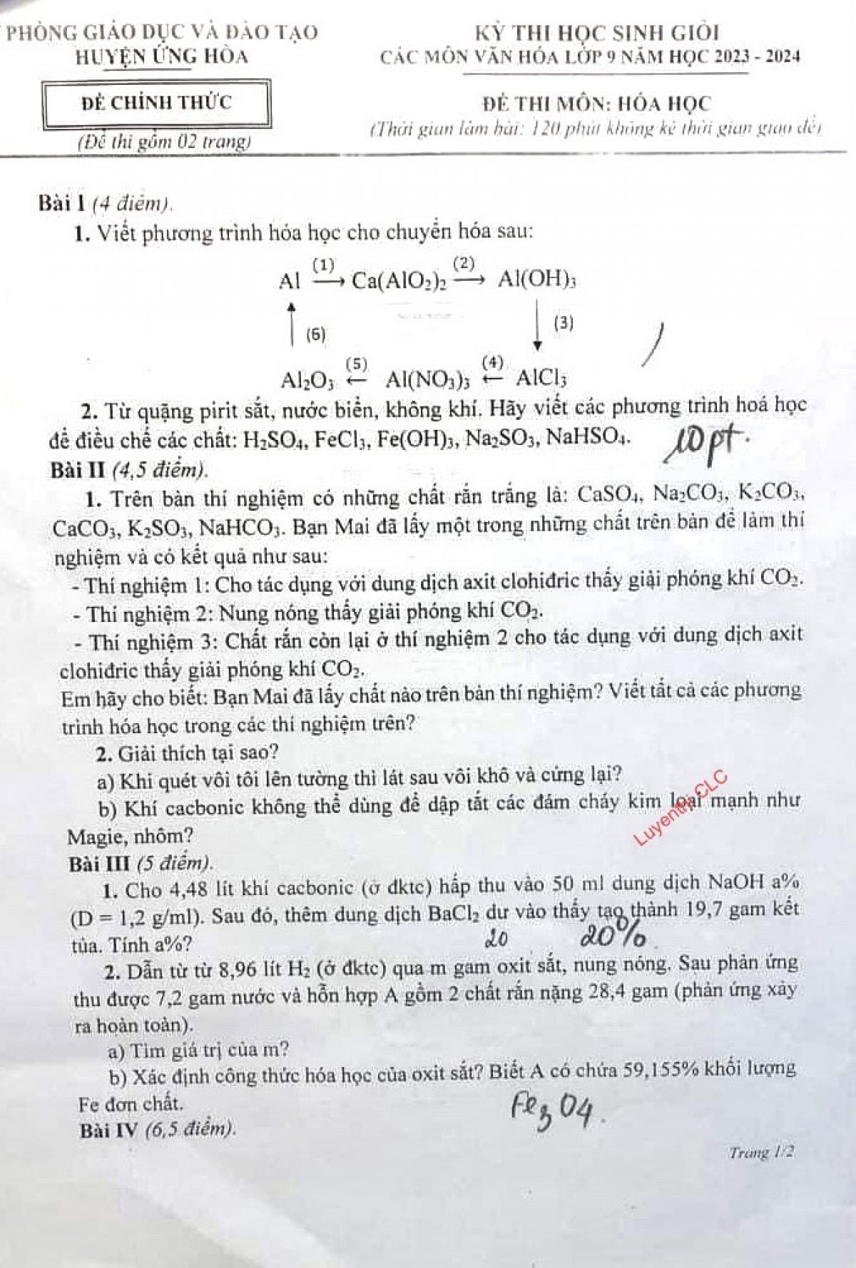 Đề thi HSG m&ocirc;n H&oacute;a Học lớp 9 huyện Ứng H&ograve;a, H&agrave; Nội năm 2023