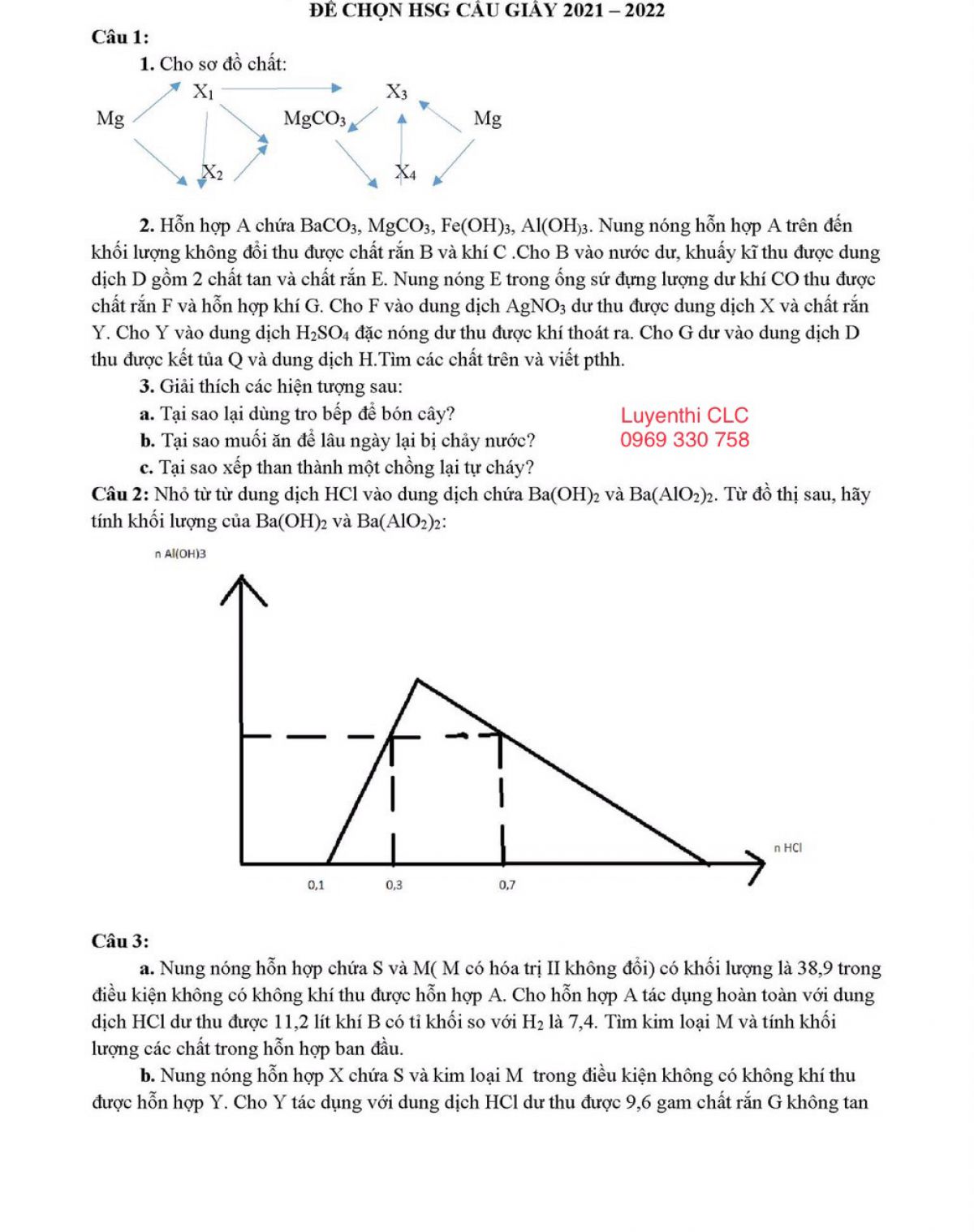 Đề thi HSG m&ocirc;n Ho&aacute; học của quận Cầu Giấy, Th&agrave;nh phố H&agrave; Nội năm 2022
