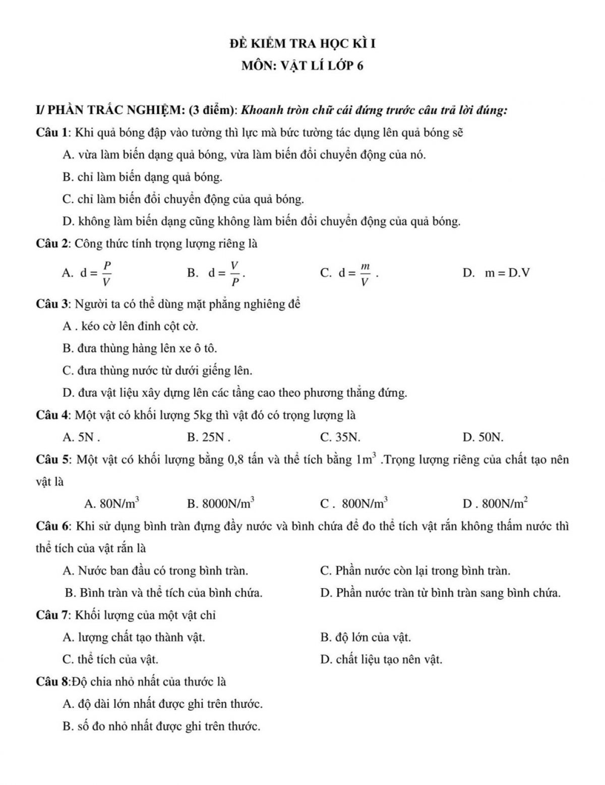 Đề kiểm tra chất lượng học k&igrave; I v&agrave; đ&aacute;p &aacute;n m&ocirc;n Vật l&yacute; 6