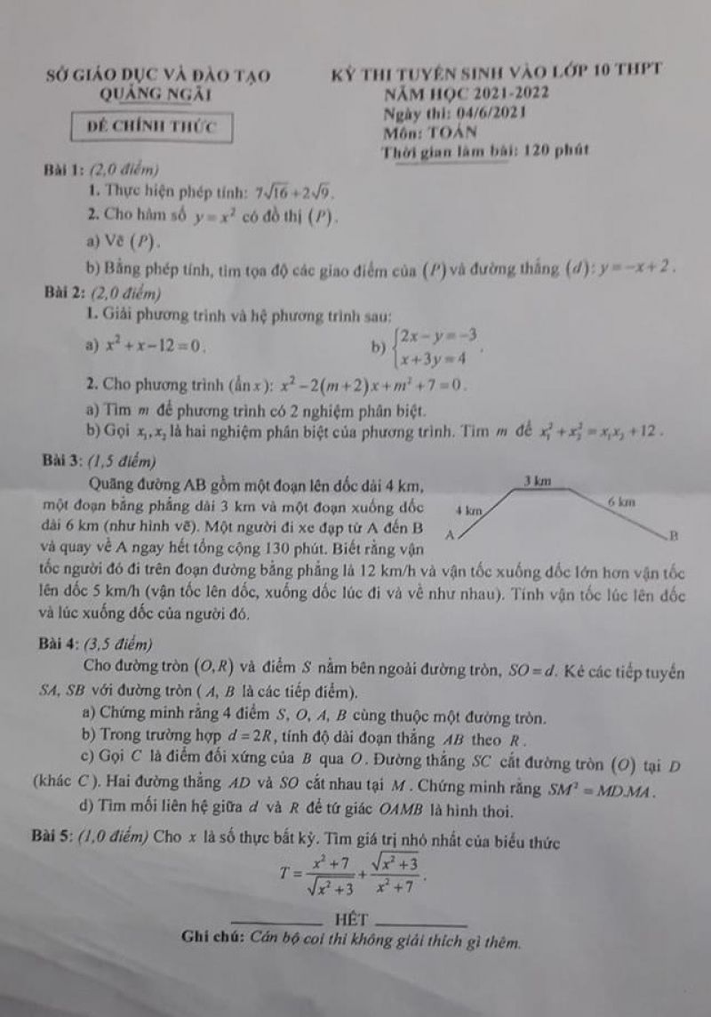 Đề thi tuyển sinh vào lớp 10 THPT môn Toán tại Quảng Ngãi năm 2021