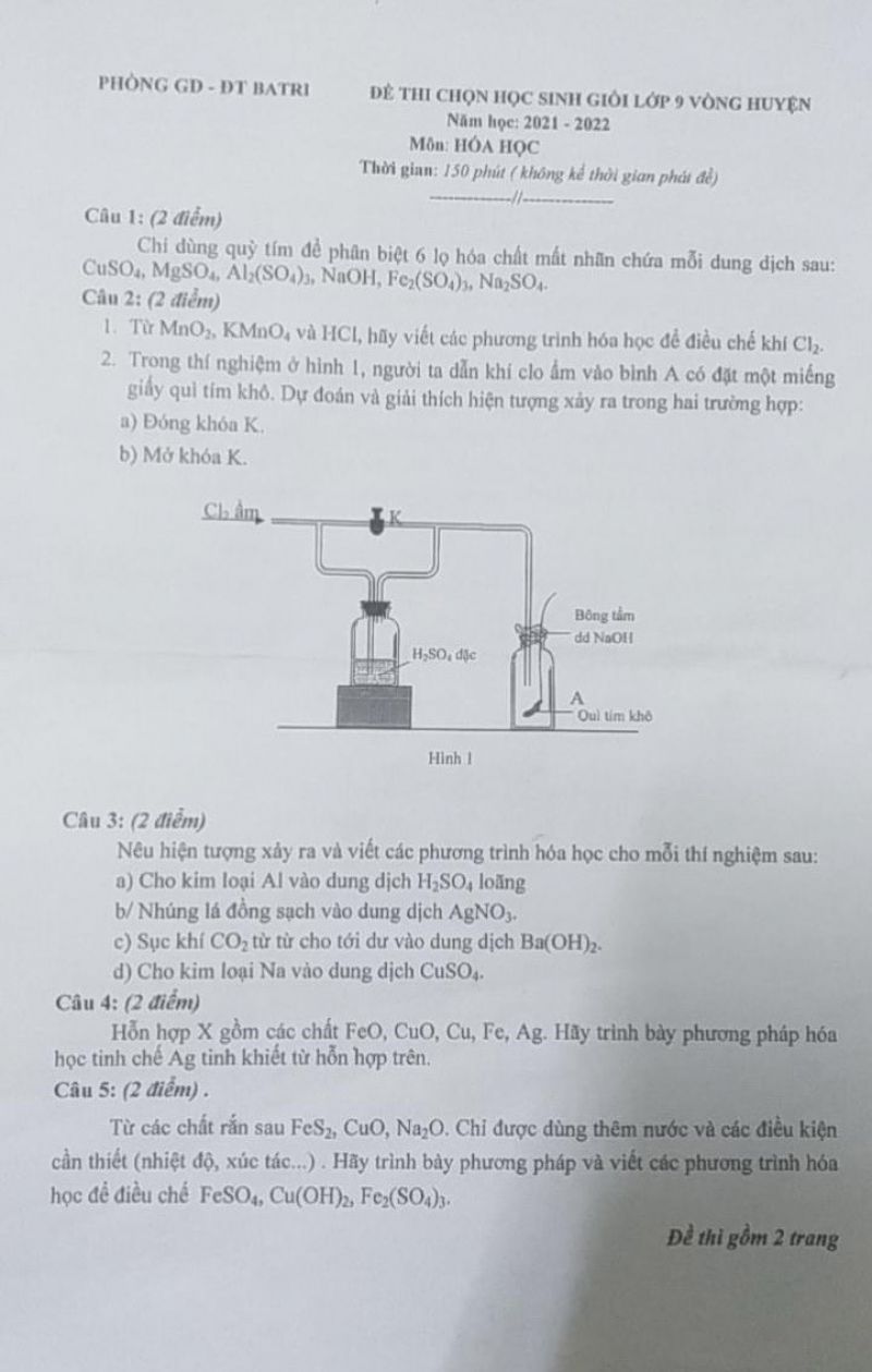 Đề thi chọn HSG môn Hóa Học lớp 9 huyện Ba Tri tỉnh Bến Tre năm 2021