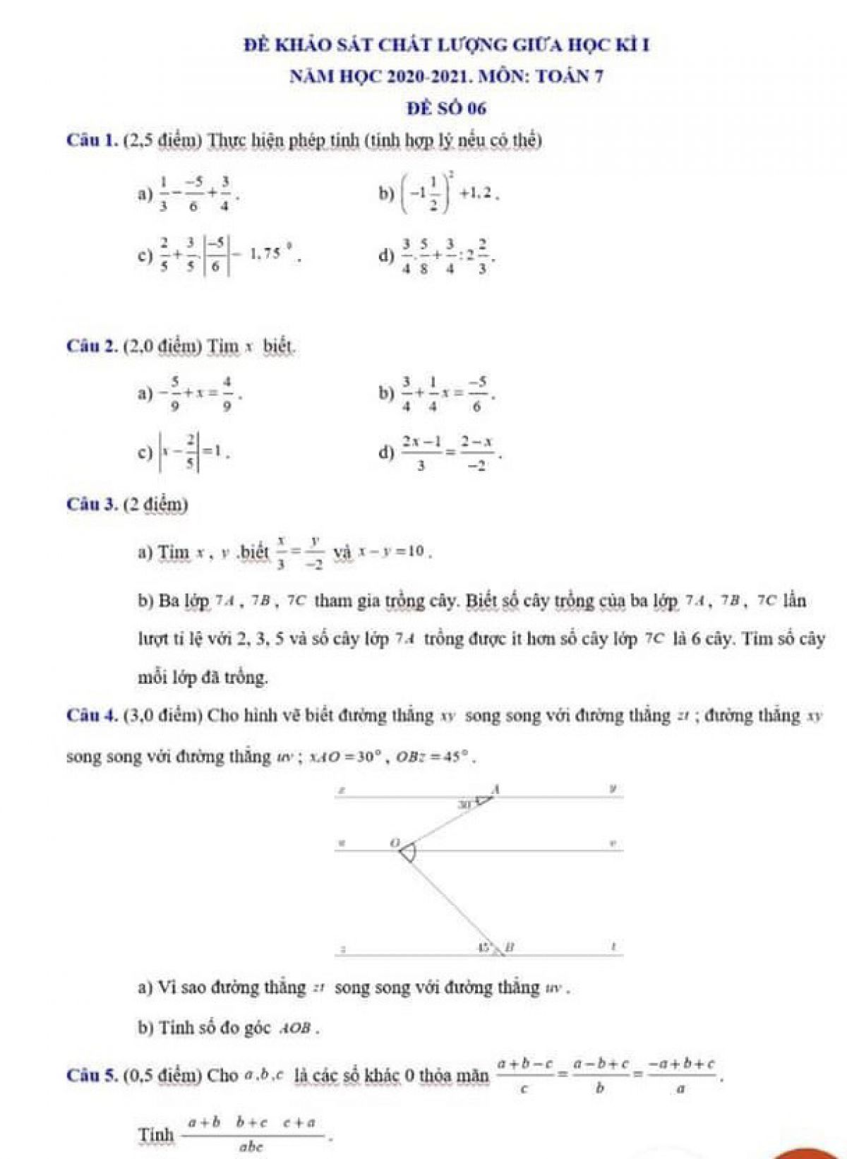 Đề khảo sát chất lượng giữa học kì I môn Toán lớp 7 năm 2021.  Đề số 06