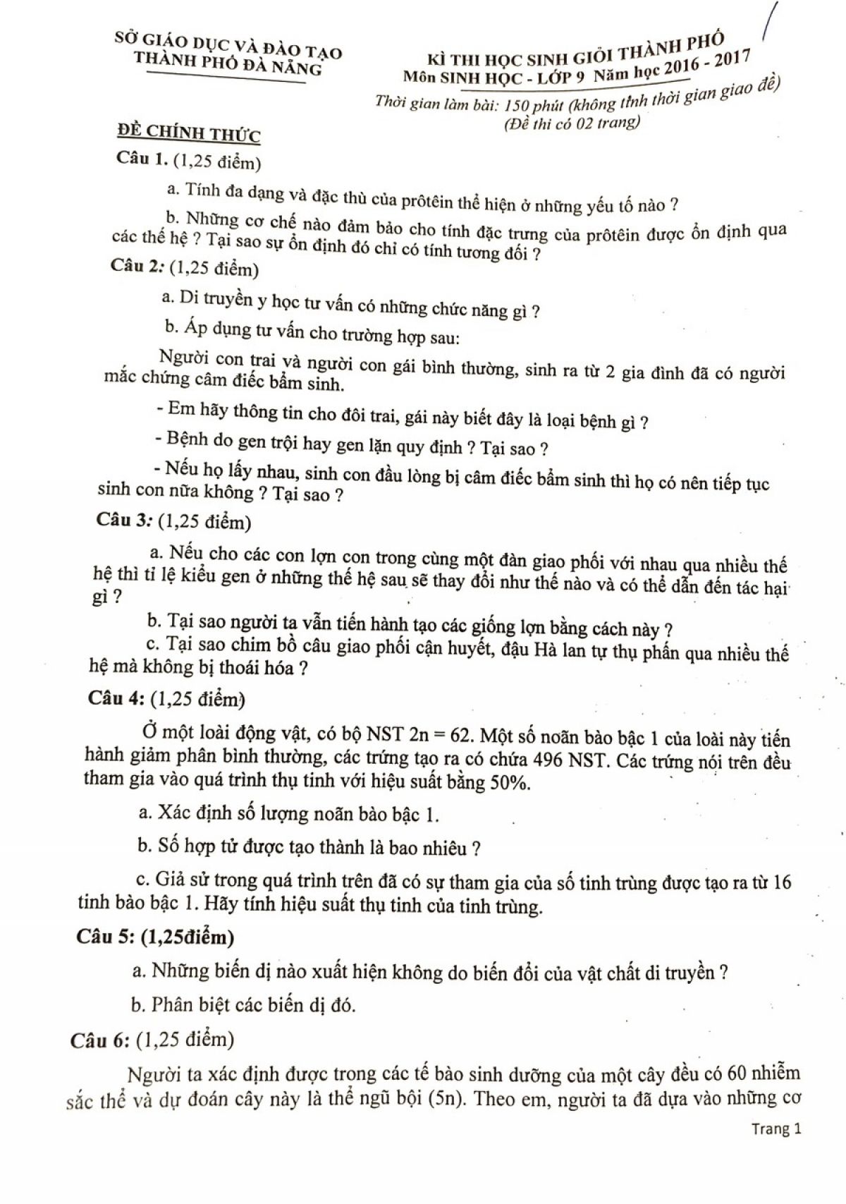 Đề thi chọn HSG môn Sinh học lớp 9 tại Thành phố Đà Nẵng năm 2017