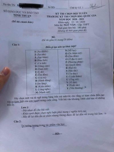 Đề thi chọn đội tuyển tham dự kì thi chọn HSG Quốc Gia môn Ngữ Văn tỉnh Ninh Thuận năm 2020