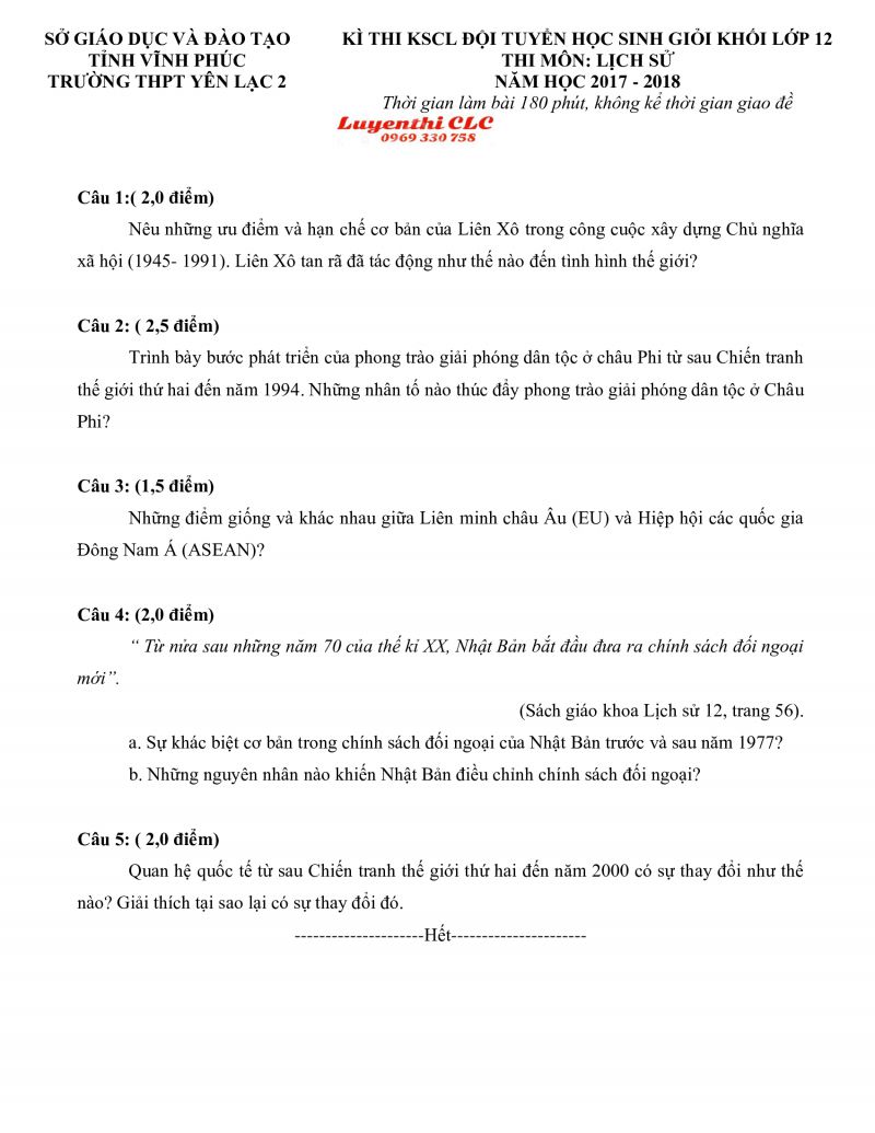 Đề khảo sát chất lượng đội tuyển HSG khối lớp 12 và đáp án môn Lịch Sử tỉnh Vĩnh Phúc năm 2017
