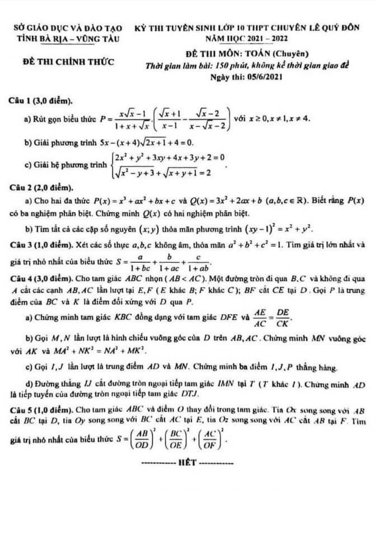 Đề thi tuyển sinh vào lớp 10 THPT CHUYÊN Lê Qúy Đôn môn Toán tỉnh Bà Rịa - Vũng Tàu năm 2021