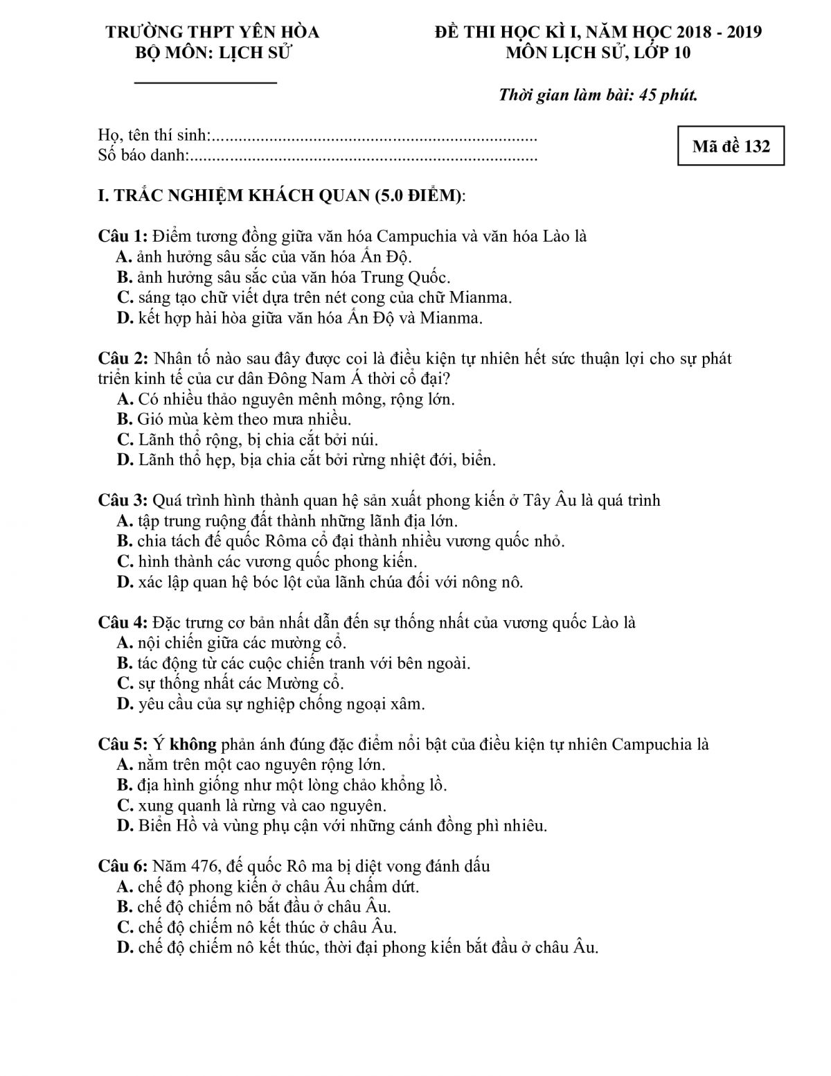 Đề thi học k&igrave; I m&ocirc;n Lịch Sử lớp 10 Trường THPT Y&ecirc;n H&ograve;a năm 2018