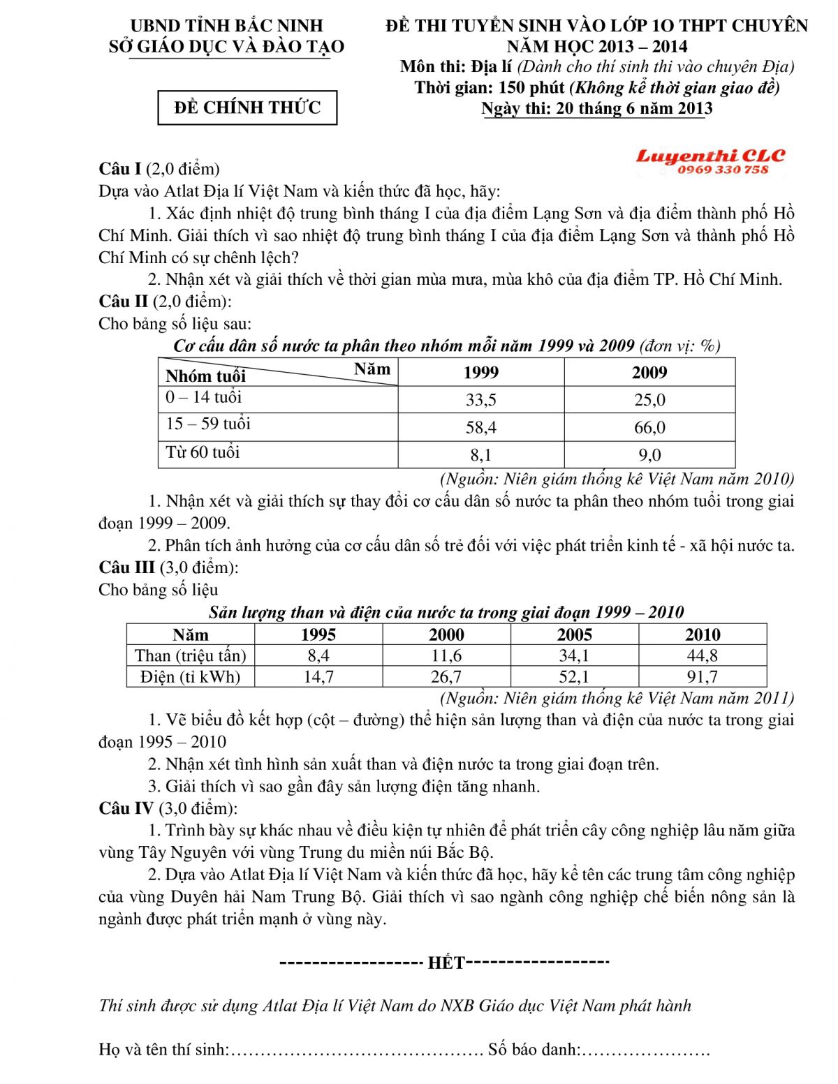 Đề thi tuyển sinh v&agrave;o lớp 10 THPT CHUY&Ecirc;N m&ocirc;n Địa L&iacute; tỉnh Bắc Ninh năm 2013
