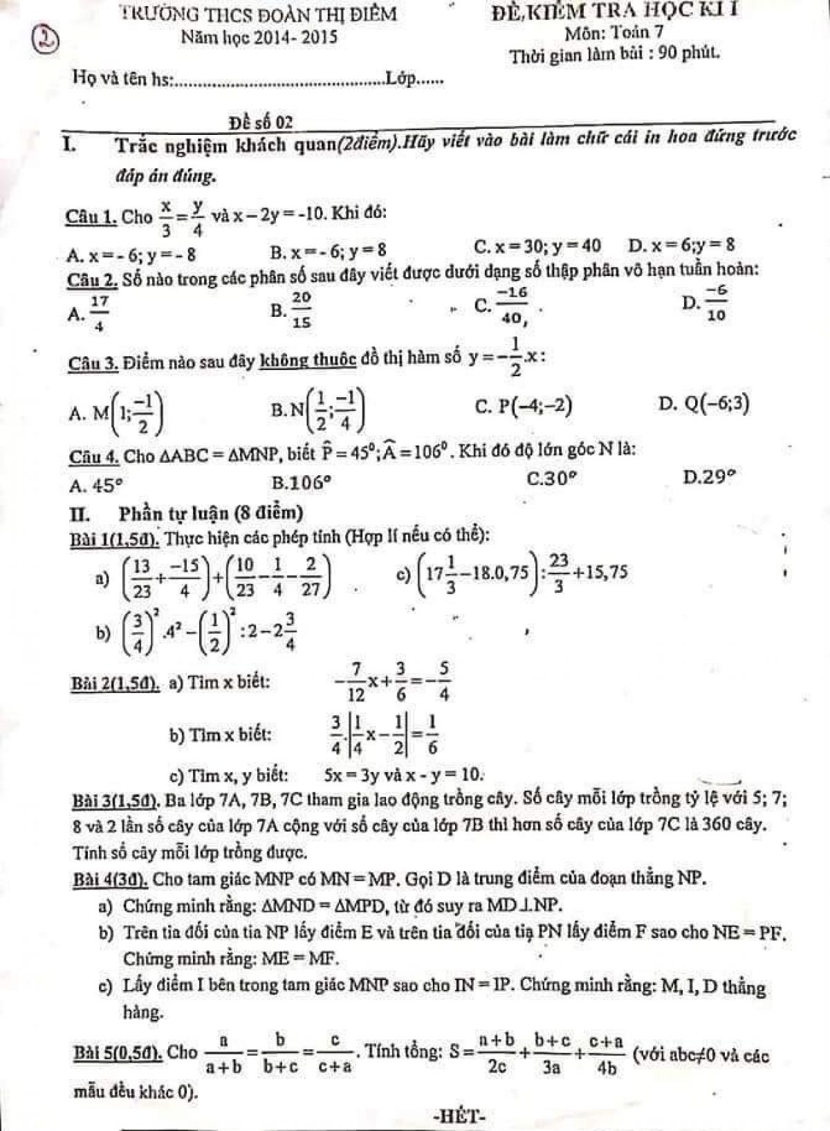 Đề kiểm tra học k&igrave; I m&ocirc;n To&aacute;n lớp 7 Trường THCS Đo&agrave;n Thị Điểm năm 2014