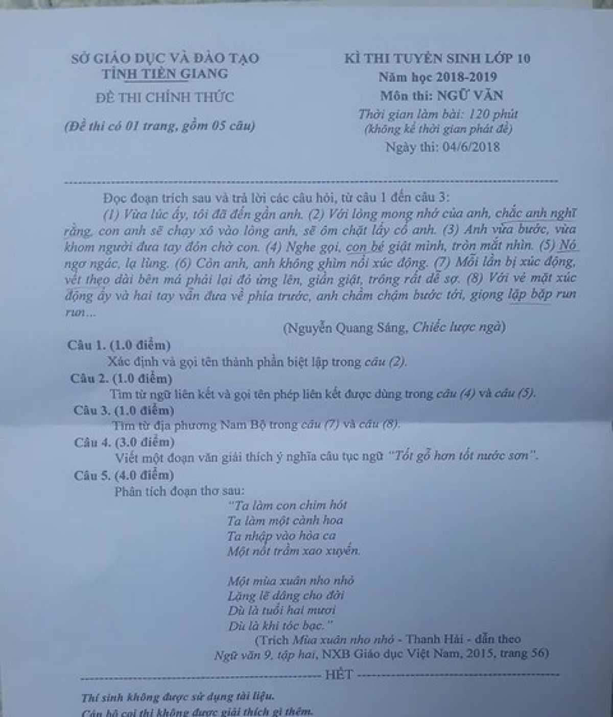 Đề thi tuyển sinh v&agrave;o lớp 10 m&ocirc;n Ngữ Văn tỉnh Tiền Giang năm 2018