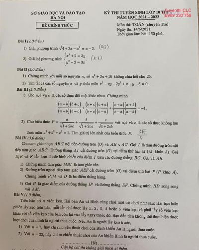 Đề thi tuyển sinh vào lớp 10 THPT môn Toán ( Chuyên Tin ) tại Hà Nội năm 2021