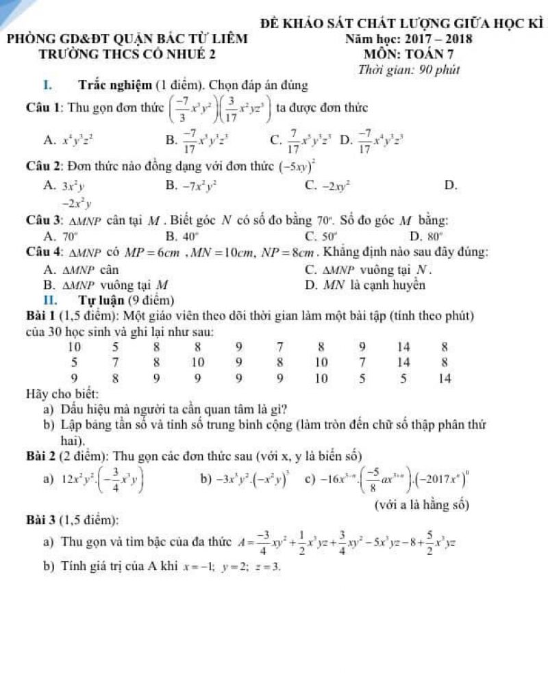 Đề khảo s&aacute;t chất lượng giữa học k&igrave; II m&ocirc;n To&aacute;n lớp 7 Trường THCS Cổ Nhuế 2, quận Bắc Từ Li&ecirc;m, H&agrave; Nội năm 2017